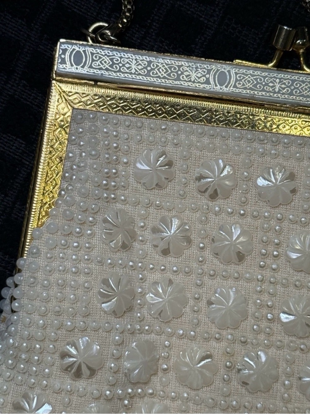 Vintage Evening Bag Ivory Raised Floral Daisies
Shimmery Purse 7x6 Ornate Frame - Picture 2 of 8